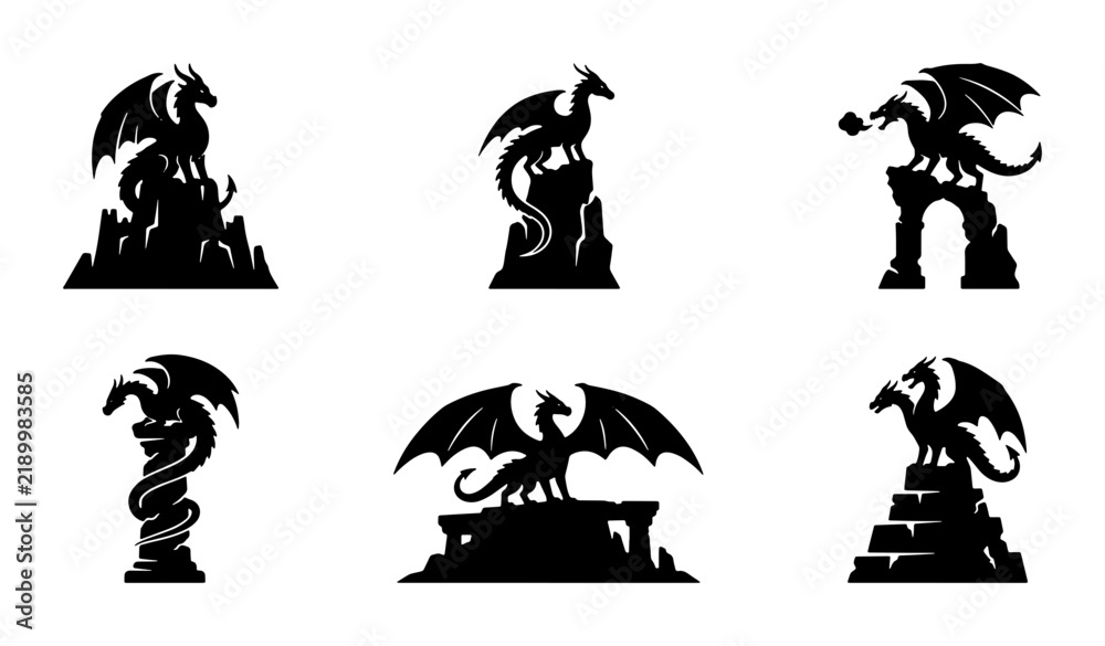 Fototapeta premium Mythical Dragon Icons, Fantasy Creature Silhouettes, Ancient Beast Emblems, Set of 6 Vector Graphics