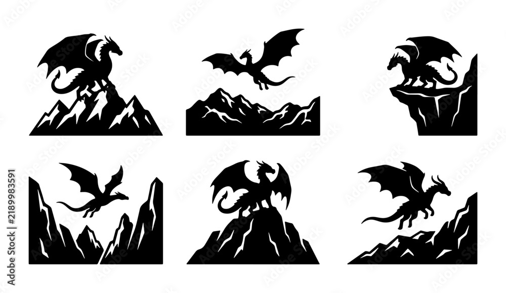 Fototapeta premium Mythical Dragon Silhouettes Set, Fantasy Creature Vector Icons, Epic Legend Art