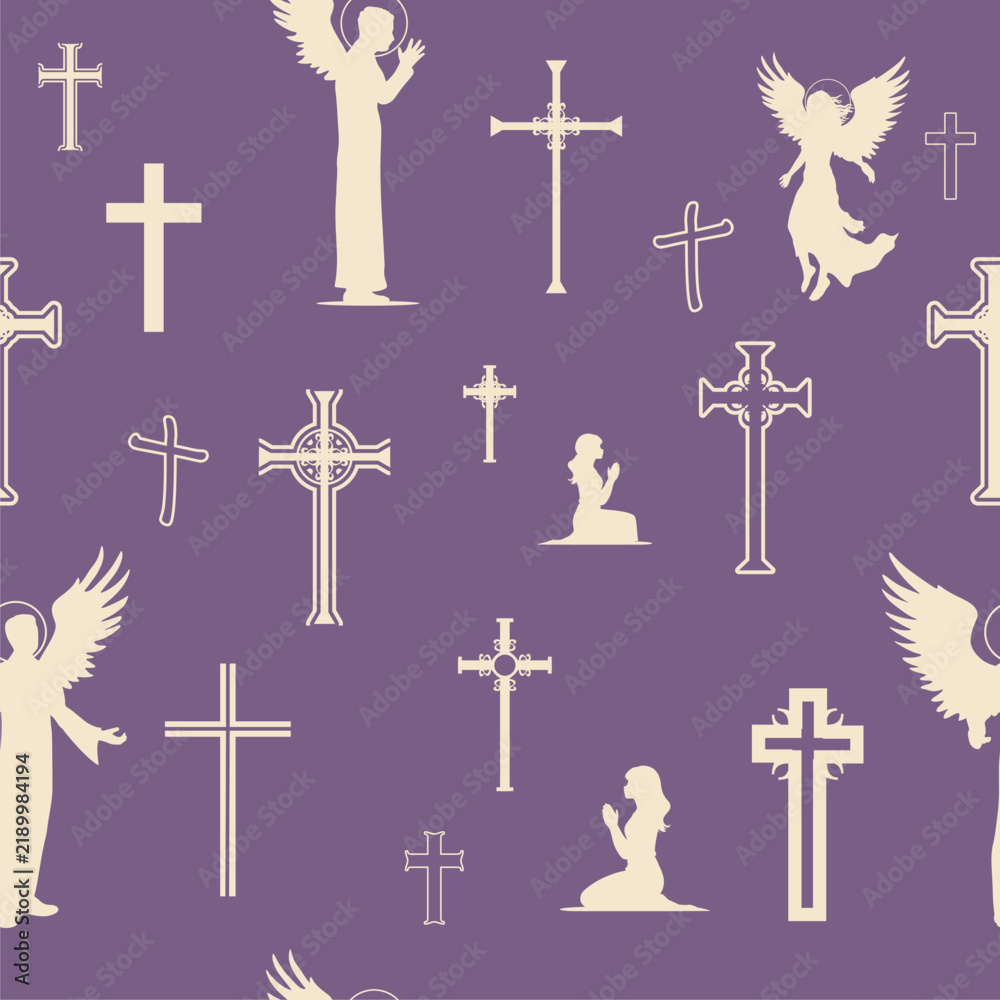 Fototapeta premium Seamless background with fantasy angels, praying women and Christian crosses