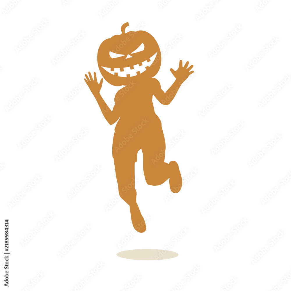 Obraz premium A leaping figure with a grinning jack-o-lantern pumpkin head jumps with energy. A playful Halloween silhouette for party, holiday, festival, autumn, costume, fun, humor and spooky celebration themes.