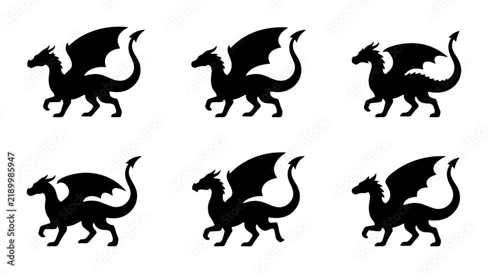 Obraz premium Six Black Dragon Silhouettes, Mythical Creature Vector Icons, Fantasy Beast Graphics