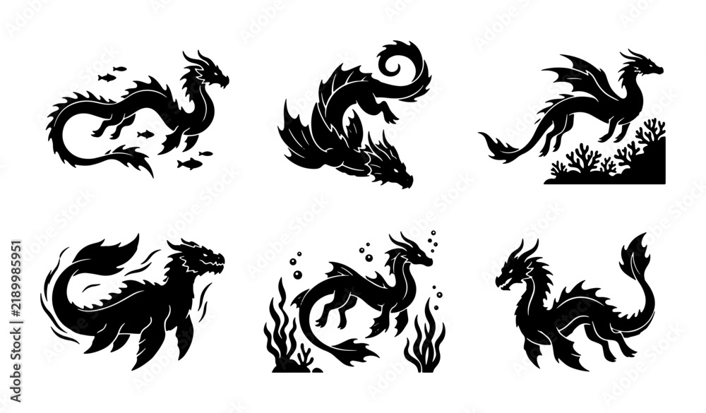 Fototapeta premium Mythical Sea Dragons, Aquatic Beasts, Fantasy Creatures Vector Set