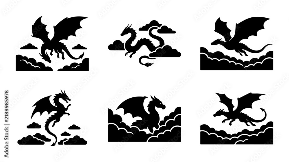 Fototapeta premium Mythical Dragon Silhouettes, Fantasy Creatures, Ancient Legends, Set of 6 Vector Icons
