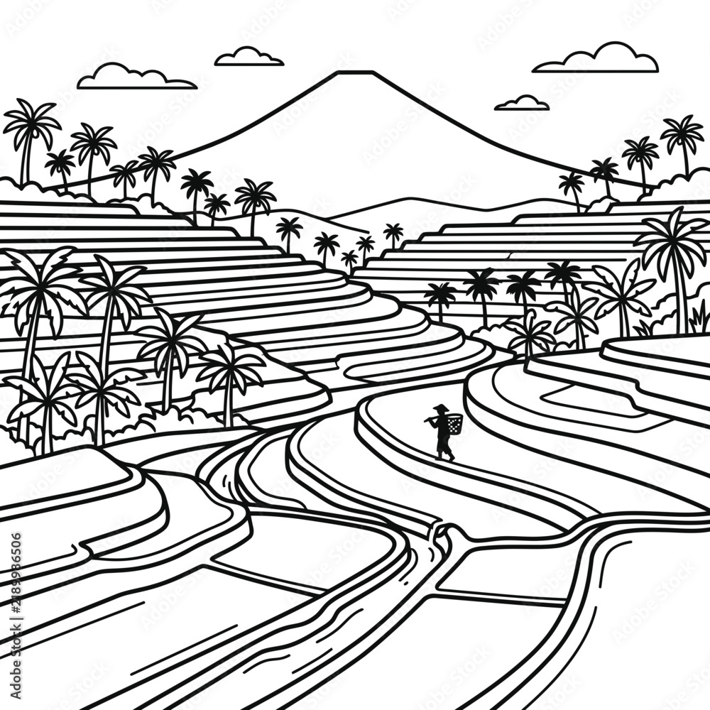 Fototapeta premium Asian Rice Terrace Fields with Mountain and Farmer Vector Illustration
