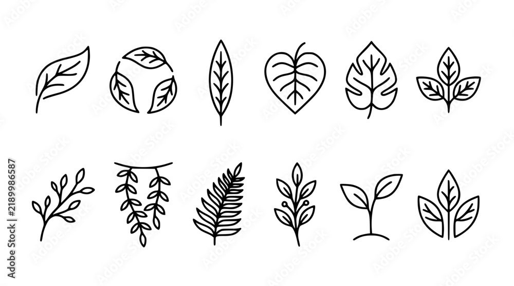 Obraz premium Minimal Plant and Leaf Motif Outline Icons Black Botanical Vector Collection