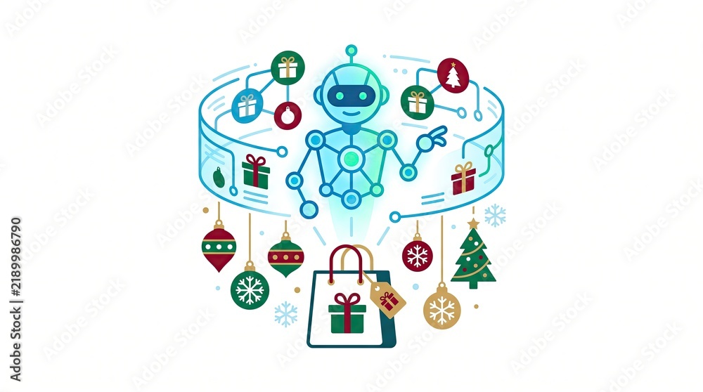Fototapeta premium Christmas robot vector illustration with futuristic technology and holiday shopping bag