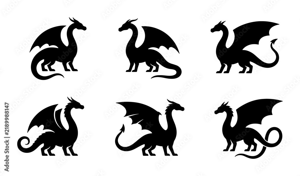 Obraz premium Mythical Dragon Silhouettes, Fantasy Creature Icons, Legendary Beast Vector Set, Ancient Legend Graphics