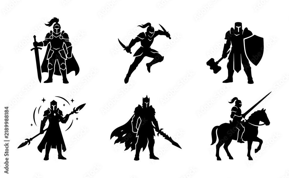 Fototapeta premium Medieval Knight Icons Set, Warrior Silhouettes, Heroic Figures, Fantasy Combat Poses, 6 Vector Elements