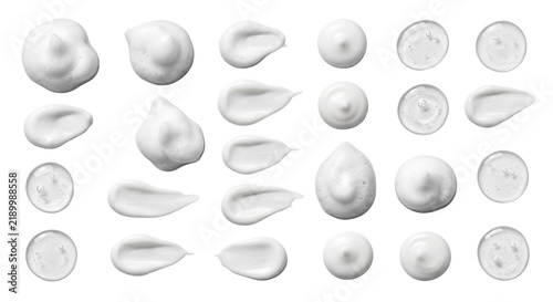 Collection of cosmetic textures including foam and serum droplets for beauty product advertising and design.