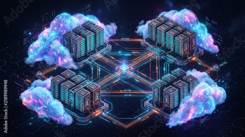 Plakat Isometric server racks floating inside glowing digital clouds