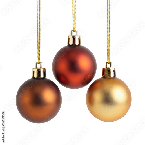 Three hanging christmas ornaments in red bronze and gold colors with gold bauble