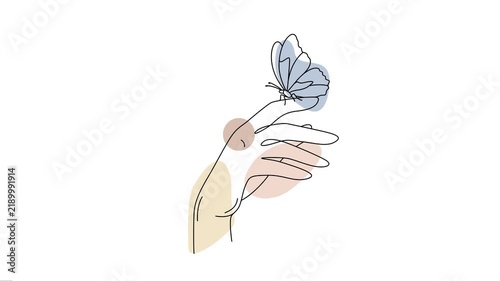 Butterfly Landing on Hand Continuous Line Art Animation. 