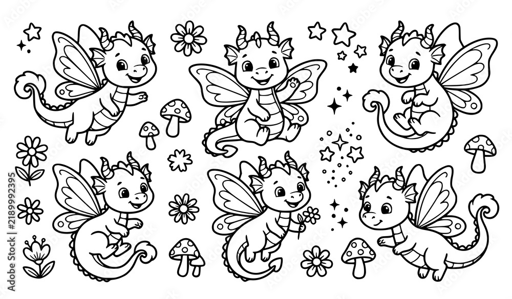 Obraz premium Cute Fairy Dragons Coloring Pages – Cartoon Winged Dragon Vector Set