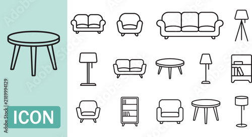 Interior furniture collection with sofas and tables