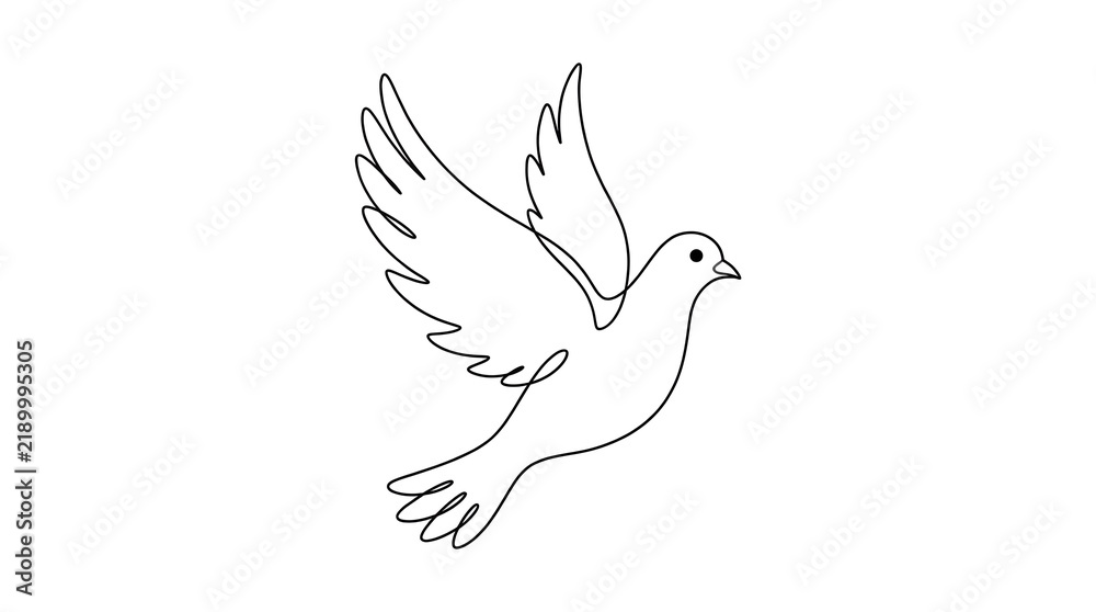 Fototapeta premium A single continuous line drawing of a dove flying with wings spread in a graceful motion.