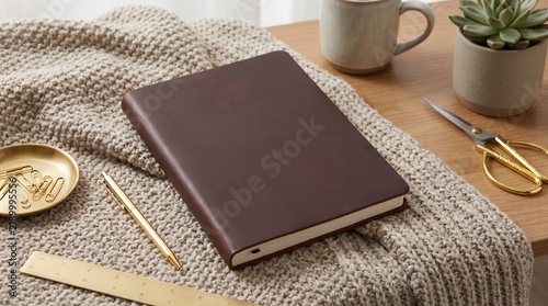 Brown Leather Journal with Stationery on Cozy Knit Blanket Setup