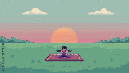 Young woman practicing yoga meditation on blanket during sunrise at outdoor park