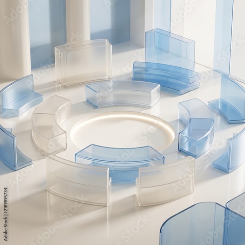 Abstract transparent plastic shapes in blue and white, geometric curved blocks forming a modern composition, minimalist 3D render with soft lighting