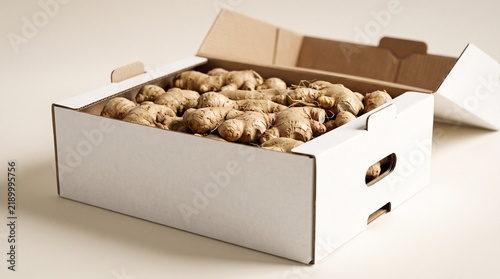 Fresh Ginger Roots in Cardboard Box Packaging for Retail or Wholesale