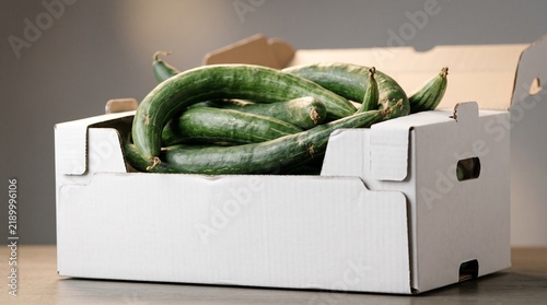 Fresh Green Snake Cucumbers in White Cardboard Box