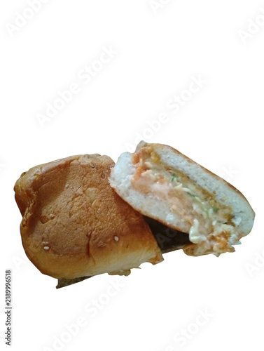 Konstfotografi Half eaten sandwich with filling exposed on white background