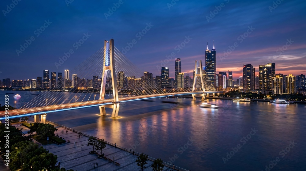 Obraz premium Illuminated cable-stayed bridge over a river with city skyline at twilight