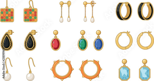 Foto Luxury Gold Earrings Vector Icon Set Featuring Pearl Drops Gemstone Studs Hoops