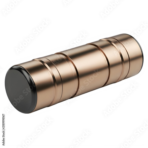A sleek cylindrical metallic object with polished rose gold finish and black caps