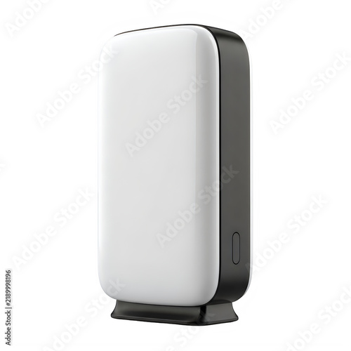 A sleek modern white and black vertical electronic device on black background