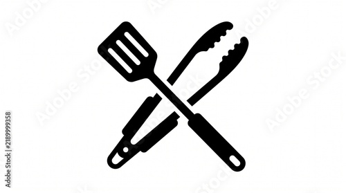 Crossed Barbecue Spatula and Tongs Icon, Minimalist Kitchen Utensils Vector Graphic for Grill and BBQ Restaurant Branding or Menu Design
