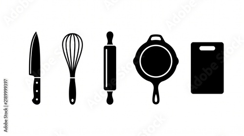 Set of Kitchen Utensils Icons, Vector Illustration of Cooking Tools Including Knife, Whisk, Rolling Pin, Pan, and Cutting Board