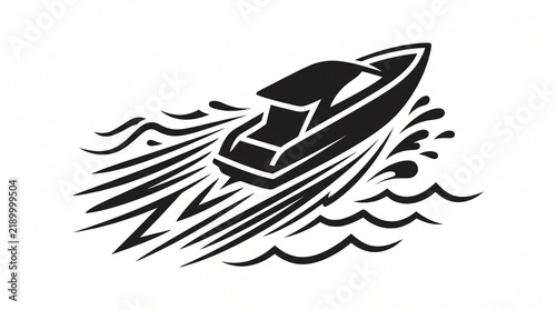 Speedboat silhouette icon, fast motor yacht cruising on water waves, vector illustration for nautical logo, travel, marine transportation design