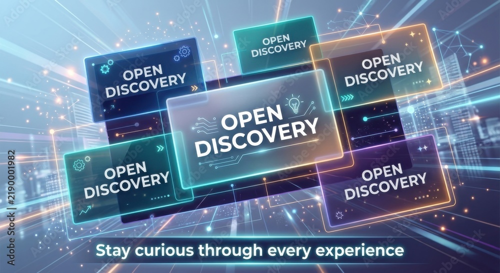 Obraz premium Open Discovery Concept Displayed on Transparent Rectangles with Digital Network Background