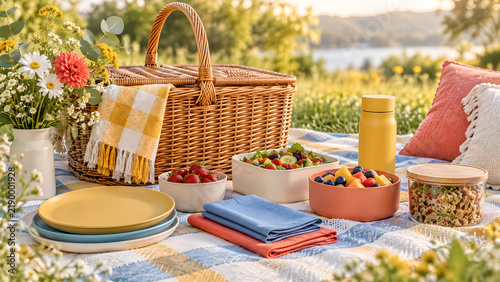 Summer Picnic Bliss: A charming picnic setup unfolds on a checkered blanket amidst a sun-drenched meadow, featuring a woven basket, fresh fruit, refreshing drinks, and vibrant flowers.