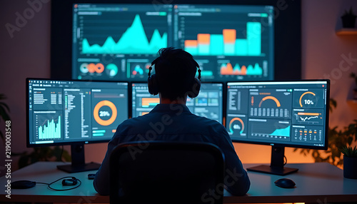 Person wearing headphones analyzes data on multiple screens with glowing charts and graphs.