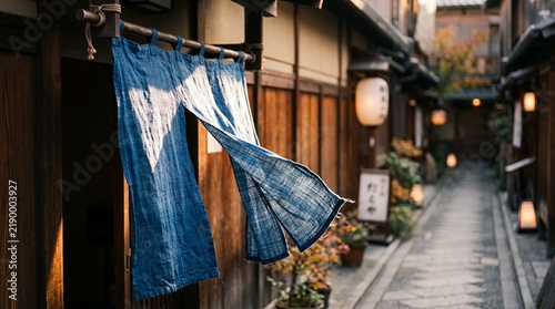 Close-up of Indigo Blue Dyed Noren Fabric Curtain at Retro Japanese Entrance