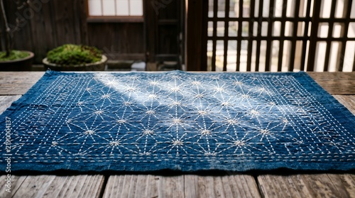Authentic Japanese sashiko embroidery on indigo fabric with sunlight