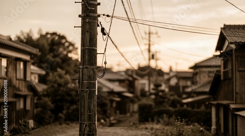 Authentic Japanese Street Scene with Old Utility Pole and Traditional Houses in Showa Era