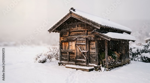 Authentic Japanese Winter Landscape Traditional Wooden Hut with Warm Glow in Snowfall