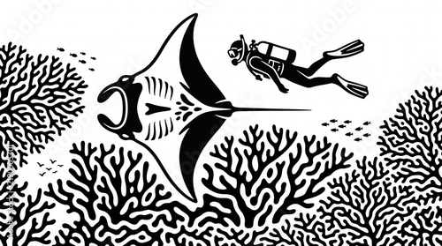 Scuba Diver Exploring Majestic Manta Ray and Vibrant Coral Reef Underwater - Black and White Marine Life Adventure Illustration