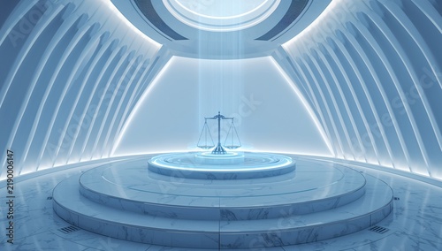Modern futuristic courtroom with digital justice symbol and glowing architecture
