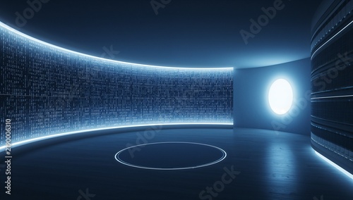 Futuristic Circular Room with Neon Blue Light and Digital Wall Display