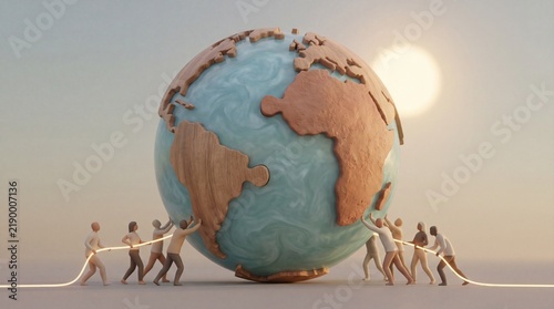 Diverse team pushing a giant globe in a minimalistic setting for global unity