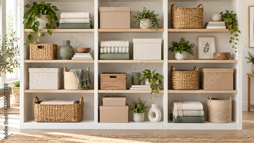 Neatly Organized Shelves: A large, white bookshelf displays various storage solutions including woven baskets, decorative boxes, plants, and neatly folded textiles.