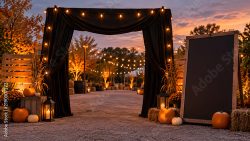 Autumn Entrance Illuminated: A pathway lined with pumpkins, lanterns, and string lights leads through a dark draped archway, setting a festive and inviting mood for an autumn event.