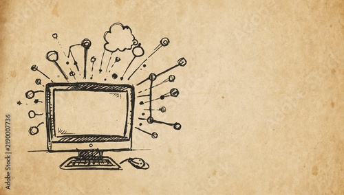 Hand-drawn sketch of computer monitor with connected icons and cloud on vintage paper background
