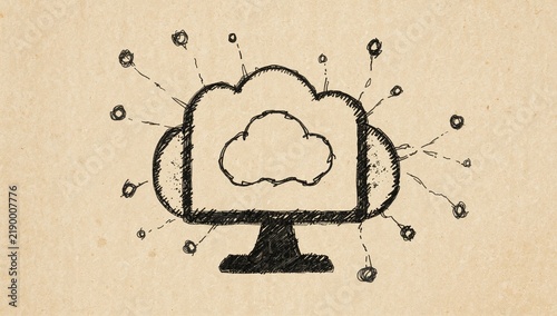 Hand-drawn Illustration of Cloud Storage Concept with Computer Monitor