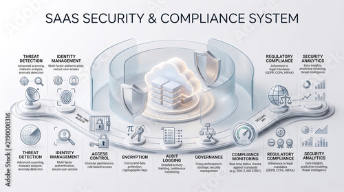 Conceptual 3D cloud security and compliance system roadmap infographic with protection icons