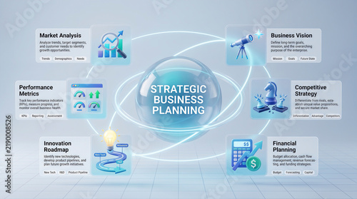 Strategic Business Planning Hub Circular Glass Orb Infographic