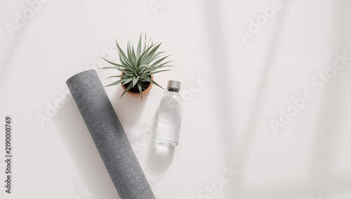 Minimalist Assorted Wellness Items Including Yoga Mat Plant and Water Bottle on White Surface